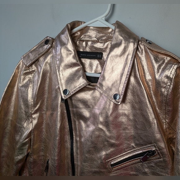 ZARA Women Jacket Simili Leather Size XL Pink Glossy Color Bikercore Style - Picture 3 of 11